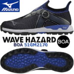 【2021年秋冬モデル】 ミズノゴルフ ウエーブ ハザード ボア メンズ ゴルフシューズ WAVE HAZARD BOA MEN'S GOLF SHOES 51GM2170 24.5～27.0,28.0,29.0cm ブラック×ハザードブルー 3E相当/軽量/スパイクレス【MIZUNO GOLF】 【日本正規品】